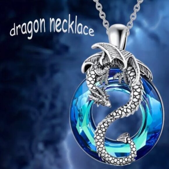 Crystal Dragon Pendant Necklace - Imitation Zircon Mosaic, White K Plated Alloy - Picture 1 of 7